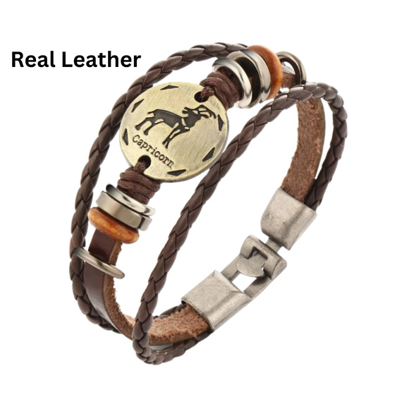 12 Constellation Zodiac Charm Leather Bracelet Hand Made Men Women Unisex Bangle - Picture 7 of 10